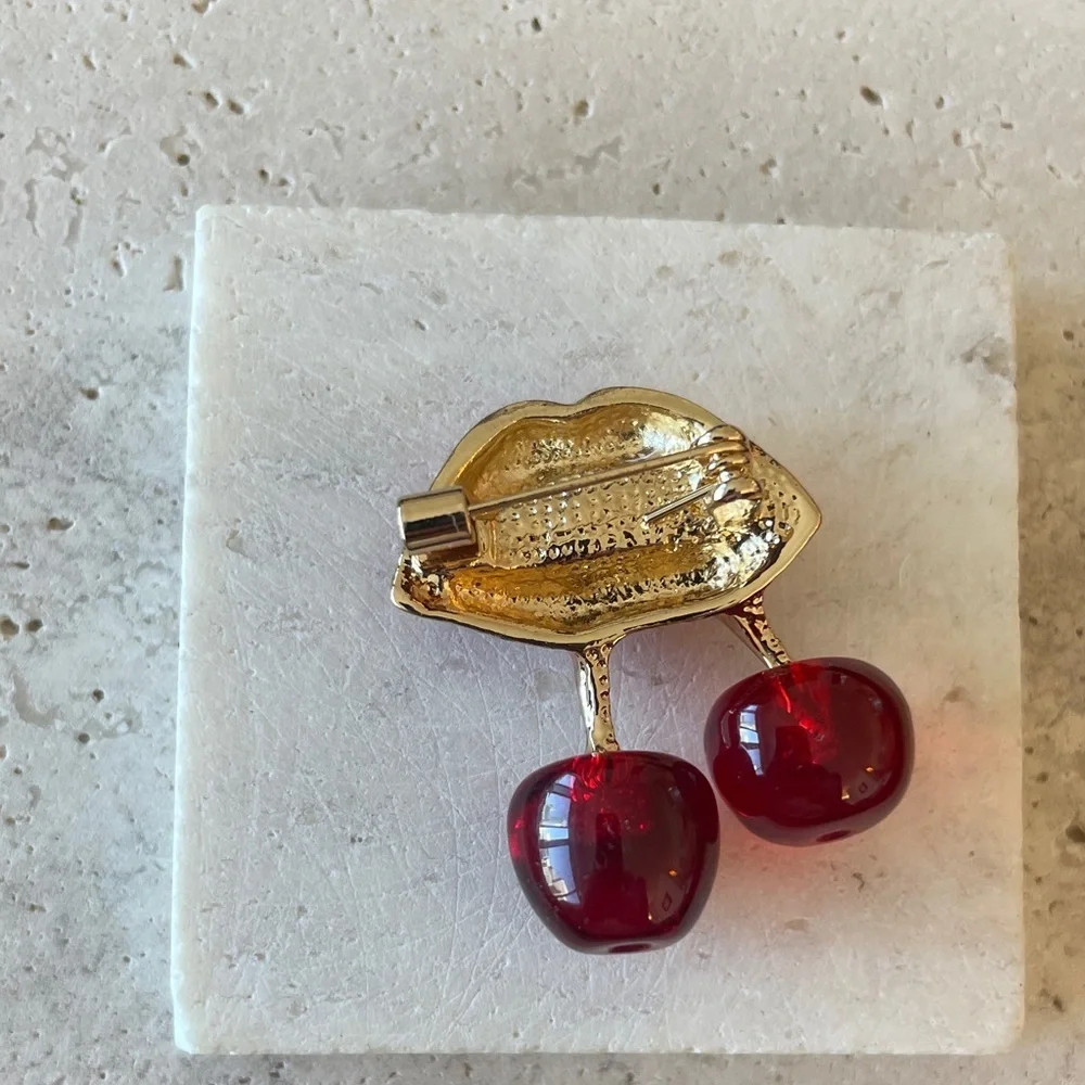Anthropologie Red Lip and Cherry Brooch